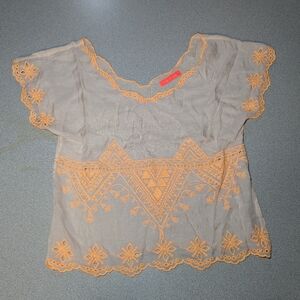 NWOT lulumari women's orange mesh embroidery top Size S